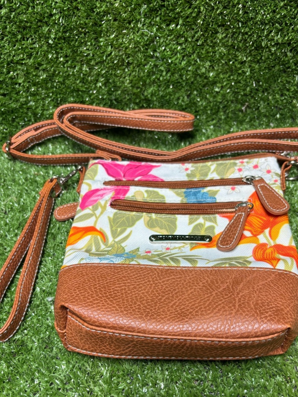 Floral Stone Mountain Crossbody Bag with Brown Trim